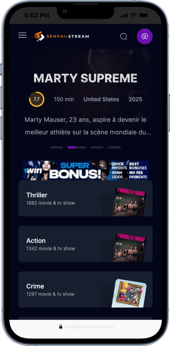 Interface Senpai Stream sur iPhone